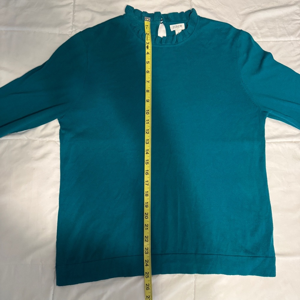 J. Crew Women’s Large Teal Ruffle Neck Cotton Sweater Keyhole Back Long Sleeve L - Picture 5 of 6